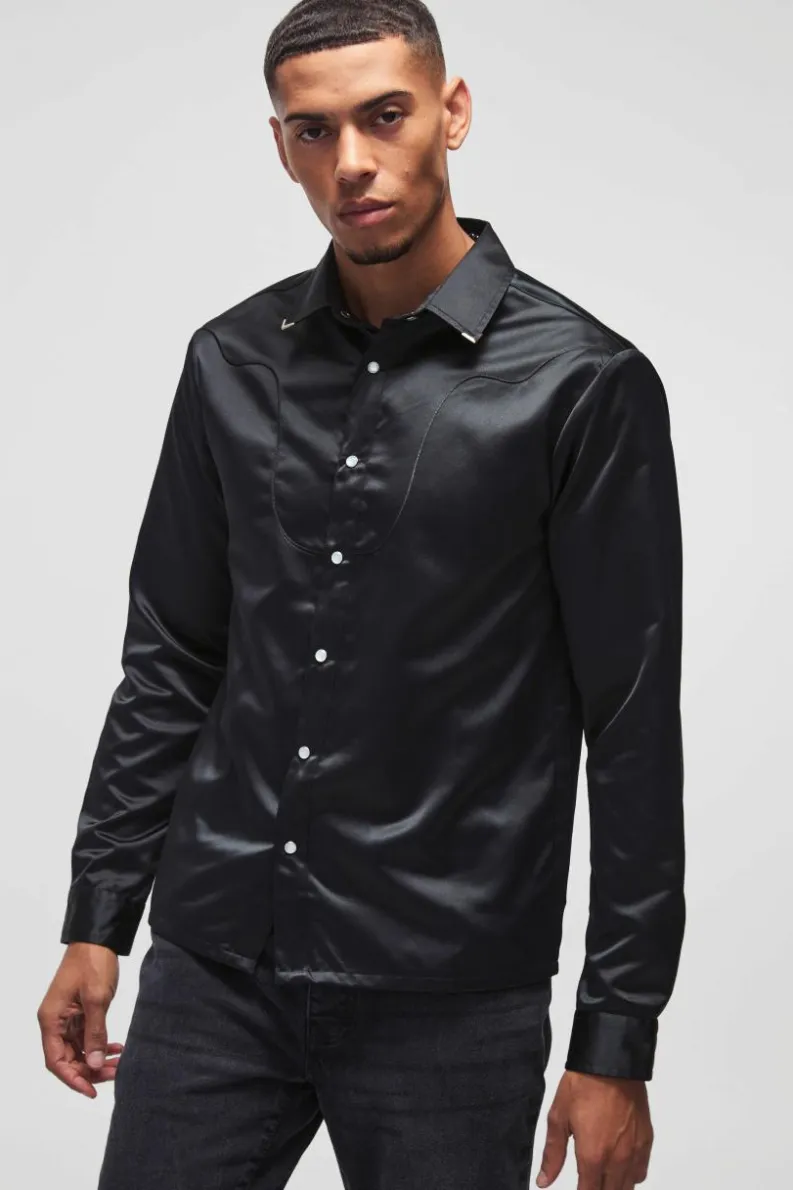 Outlet boohooMAN Regular Satin Western Long Sleeve Shirt black