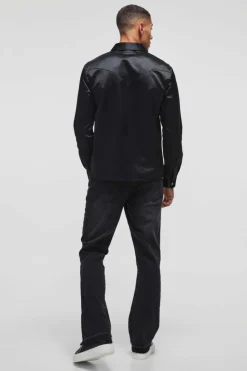 Outlet boohooMAN Regular Satin Western Long Sleeve Shirt black