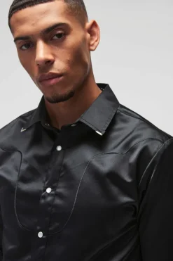 Outlet boohooMAN Regular Satin Western Long Sleeve Shirt black