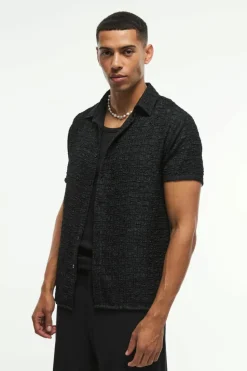 Hot boohooMAN Regular Short Sleeve Seersucker Shirt black