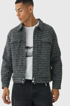 Store boohooMAN Regular Slub Stripe Boucle Overshirt black