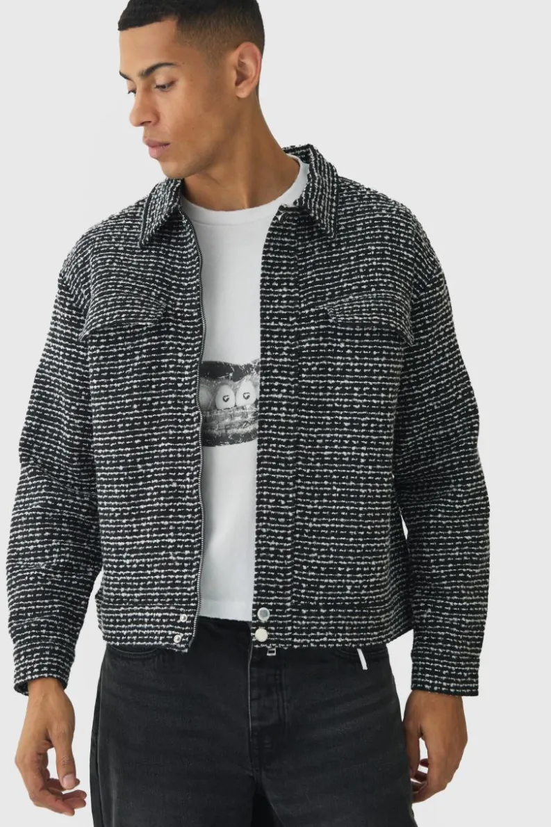 Store boohooMAN Regular Slub Stripe Boucle Overshirt black