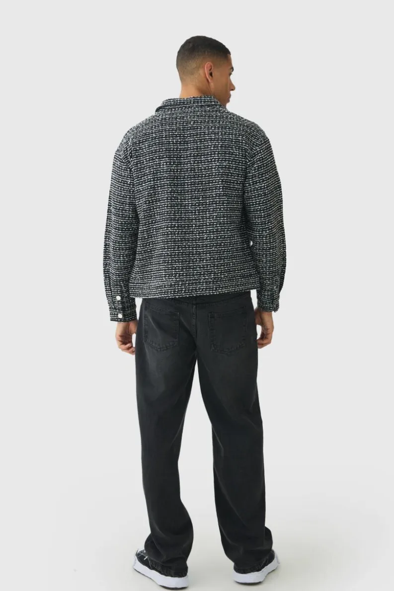 Store boohooMAN Regular Slub Stripe Boucle Overshirt black