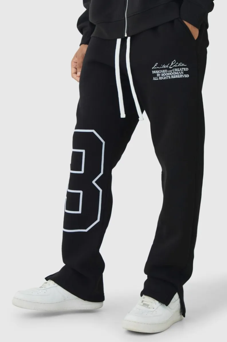 Fashion boohooMAN Regular Split Hem Varsity Printed Jogger black