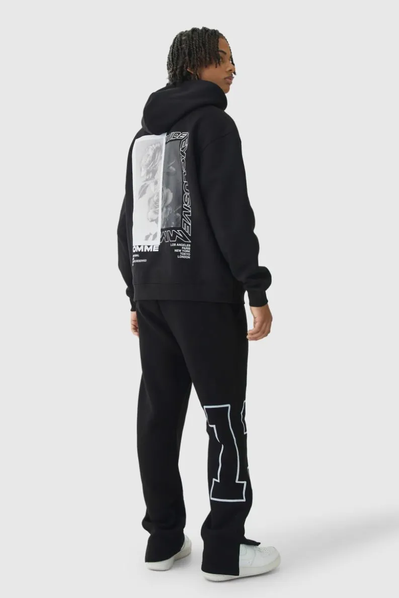 Fashion boohooMAN Regular Split Hem Varsity Printed Jogger black
