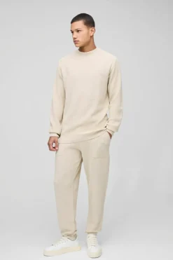 Clearance boohooMAN Regular Stitch Interest Knitted Sweat Tracksuit stone