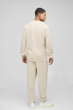 Clearance boohooMAN Regular Stitch Interest Knitted Sweat Tracksuit stone