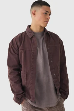 Flash Sale boohooMAN Regular Twill Embroidered Overshirt With Cord Collar chocolate