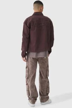 Flash Sale boohooMAN Regular Twill Embroidered Overshirt With Cord Collar chocolate
