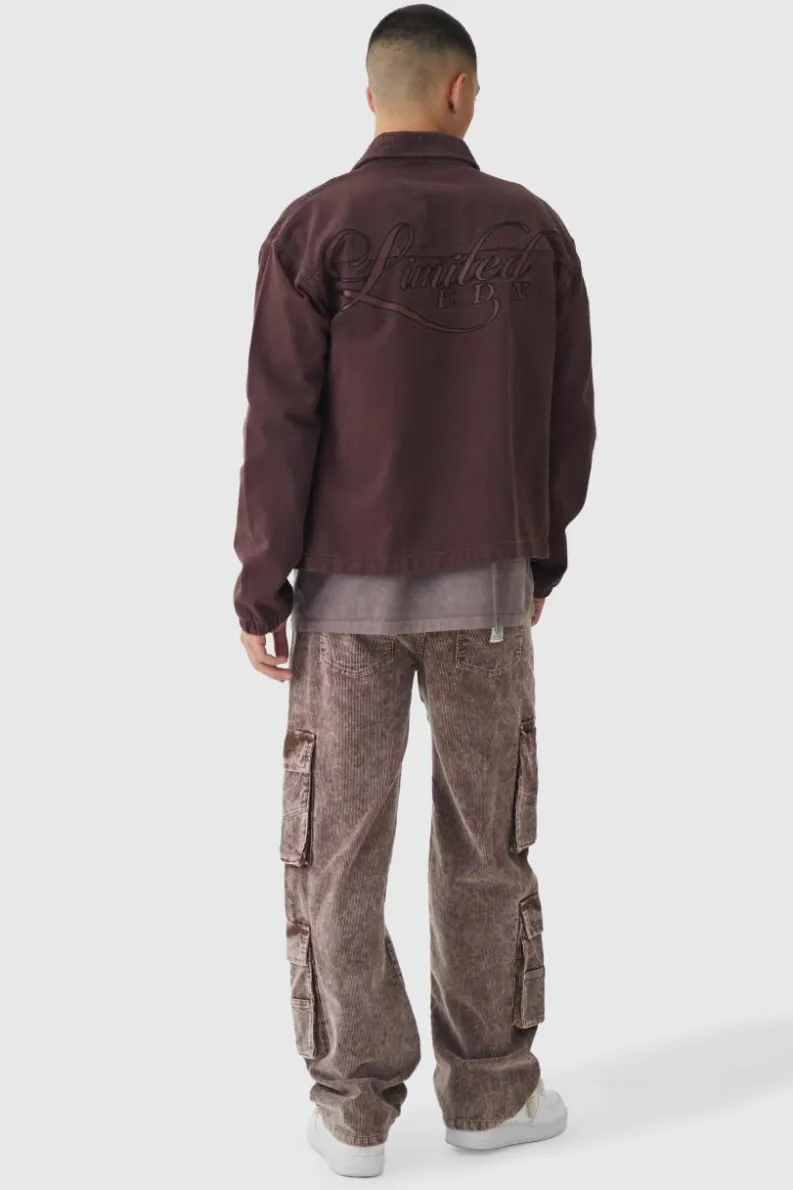 Flash Sale boohooMAN Regular Twill Embroidered Overshirt With Cord Collar chocolate