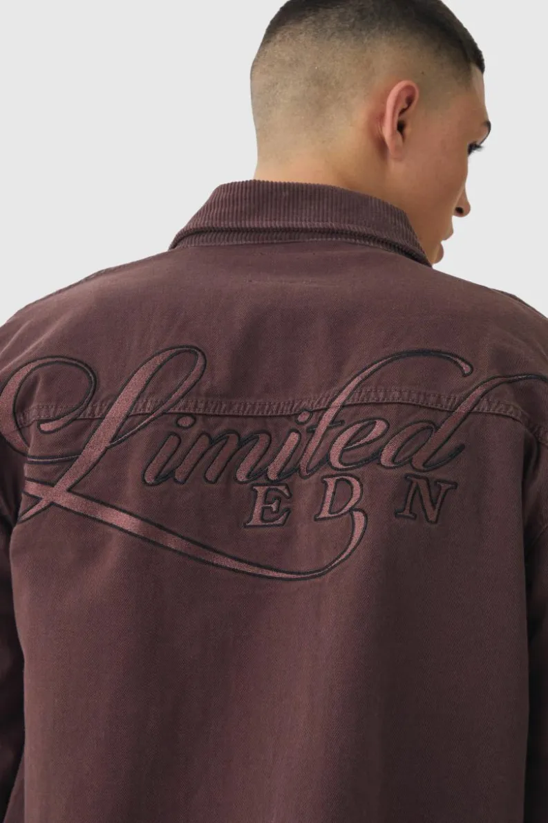 Flash Sale boohooMAN Regular Twill Embroidered Overshirt With Cord Collar chocolate