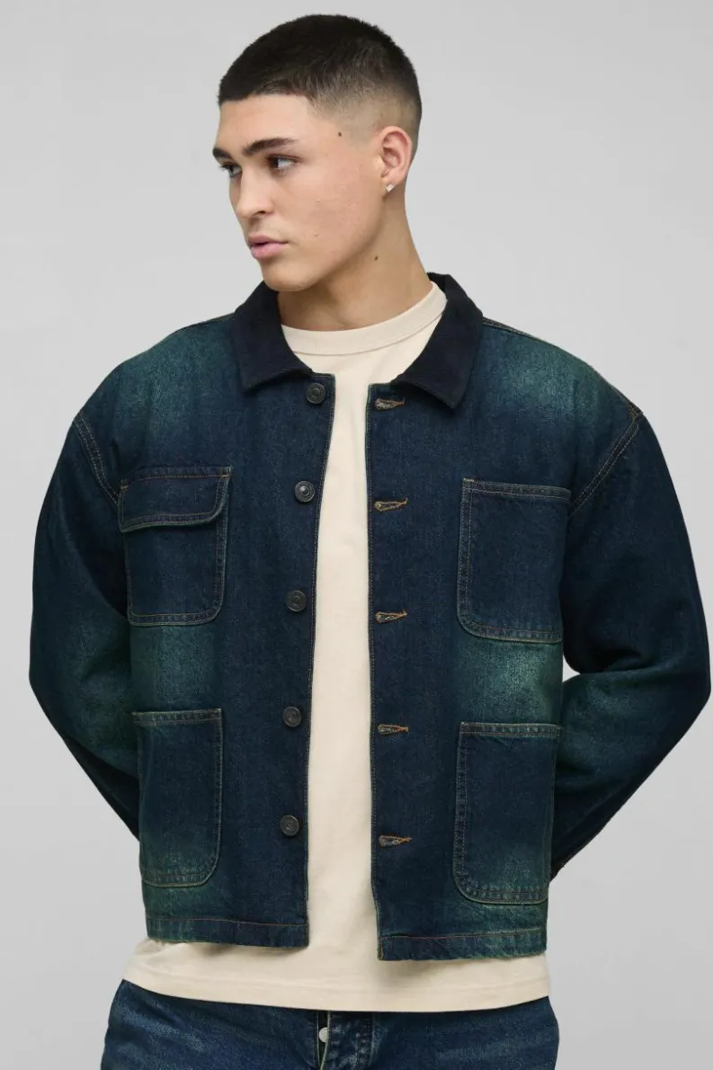 Sale boohooMAN Regular Vintage Washed Cord Collar Denim Jacket vintage blue
