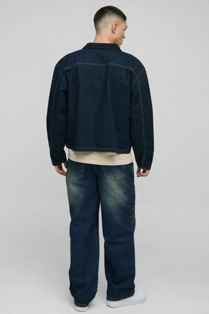 Sale boohooMAN Regular Vintage Washed Cord Collar Denim Jacket vintage blue