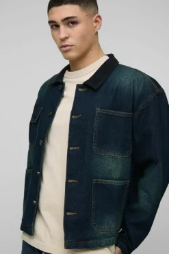 Sale boohooMAN Regular Vintage Washed Cord Collar Denim Jacket vintage blue