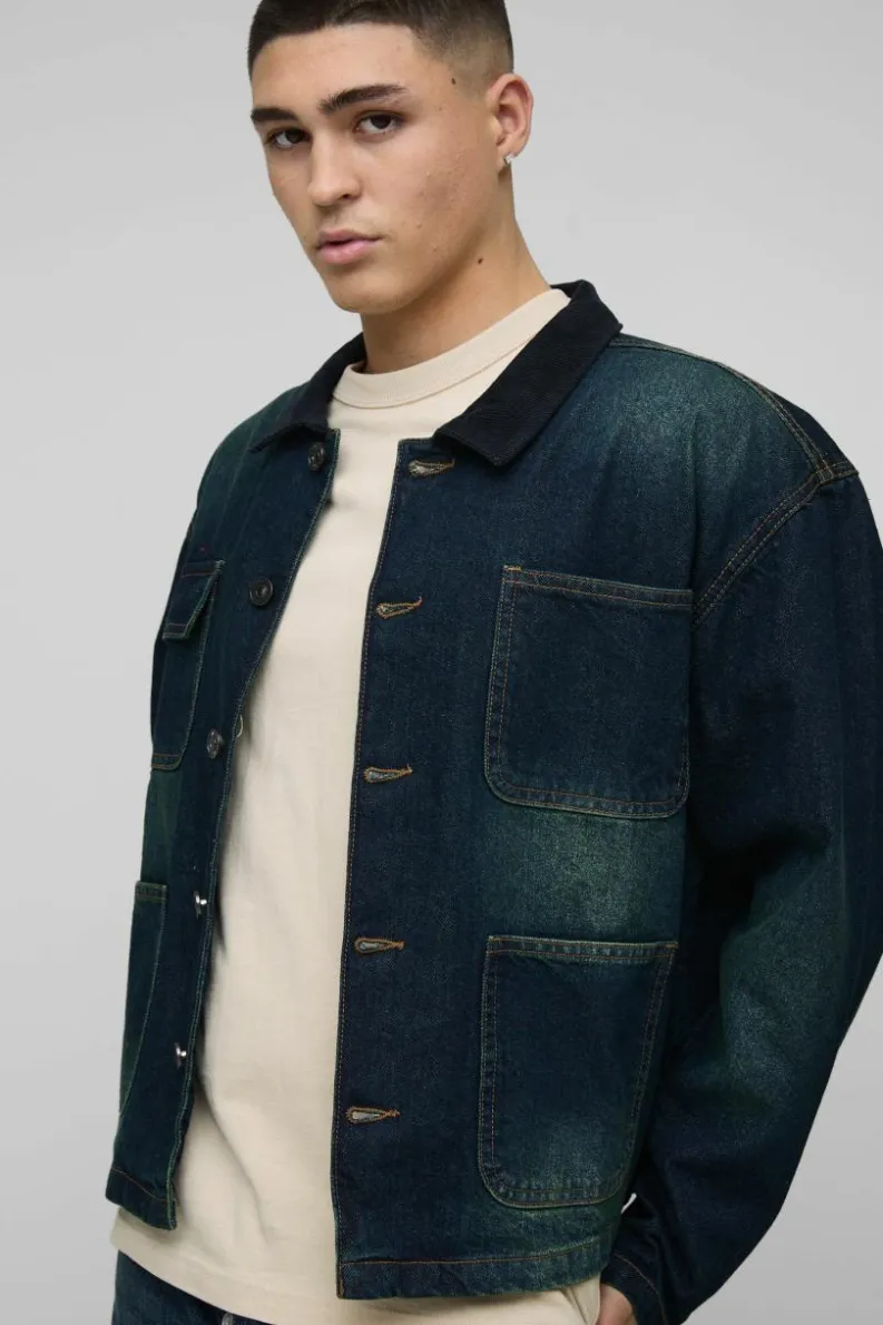 Sale boohooMAN Regular Vintage Washed Cord Collar Denim Jacket vintage blue