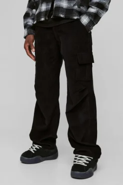 Cheap boohooMAN Relaxed Corduroy Cargo Trouser black