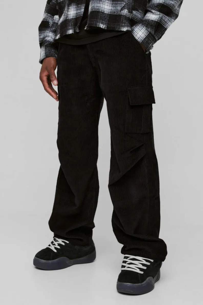 Cheap boohooMAN Relaxed Corduroy Cargo Trouser black