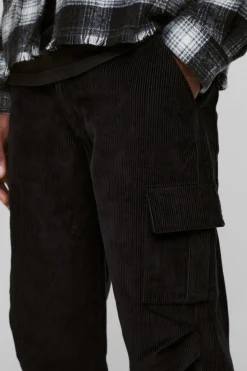 Cheap boohooMAN Relaxed Corduroy Cargo Trouser black