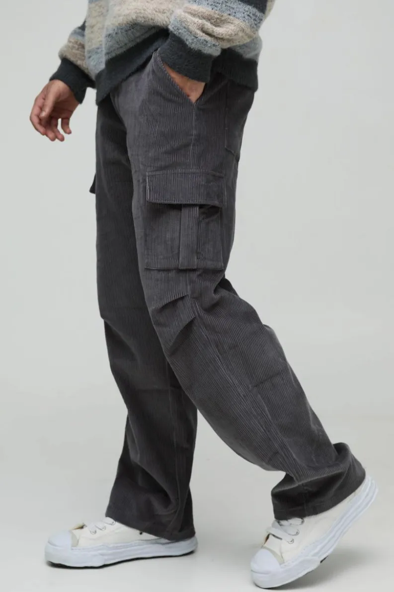 Shop boohooMAN Relaxed Corduroy Cargo Trouser charcoal