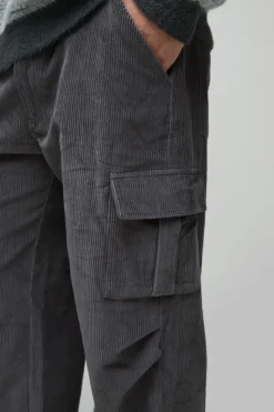 Shop boohooMAN Relaxed Corduroy Cargo Trouser charcoal