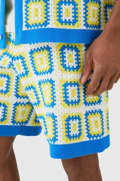 Store boohooMAN Relaxed Crochet Knit Short blue