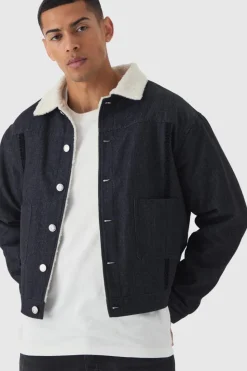 New boohooMAN Relaxed Cropped Borg Lined Aviator Denim Jacket washed black