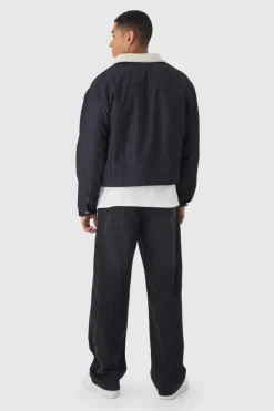 New boohooMAN Relaxed Cropped Borg Lined Aviator Denim Jacket washed black
