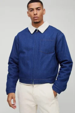 Outlet boohooMAN Relaxed Cropped Borg Lined Zip Aviator Denim Jacket mid blue