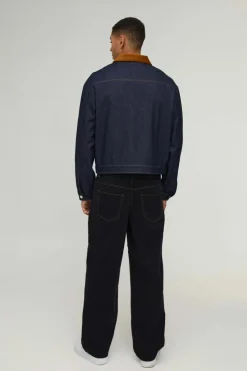 Best Sale boohooMAN Relaxed Cropped Faux Fur Collar Zip Aviator Denim Jacket indigo