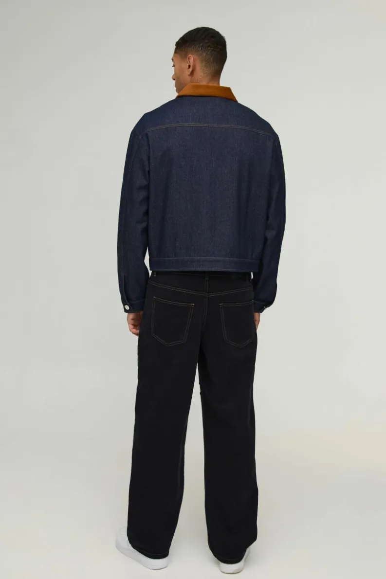 Best Sale boohooMAN Relaxed Cropped Faux Fur Collar Zip Aviator Denim Jacket indigo