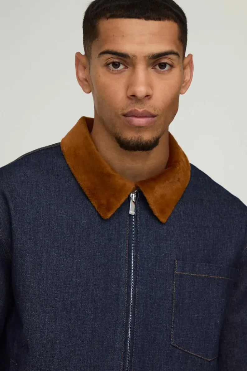 Best Sale boohooMAN Relaxed Cropped Faux Fur Collar Zip Aviator Denim Jacket indigo
