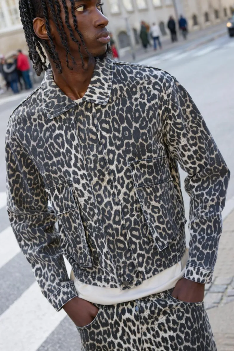 Discount boohooMAN Relaxed Cropped Leopard Denim Jacket brown