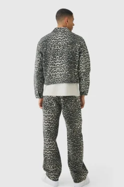 Discount boohooMAN Relaxed Cropped Leopard Denim Jacket brown