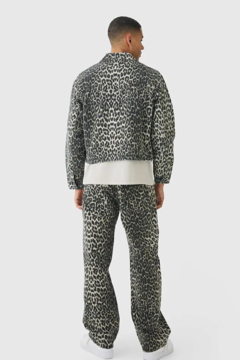 Discount boohooMAN Relaxed Cropped Leopard Denim Jacket brown