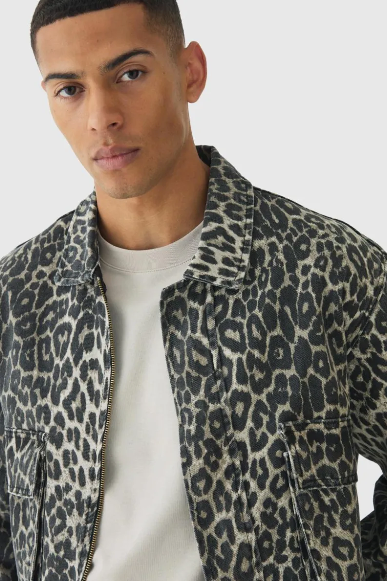 Discount boohooMAN Relaxed Cropped Leopard Denim Jacket brown