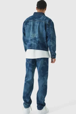 Clearance boohooMAN Relaxed Cropped Renaissance Laser Print Denim Jacket vintage blue