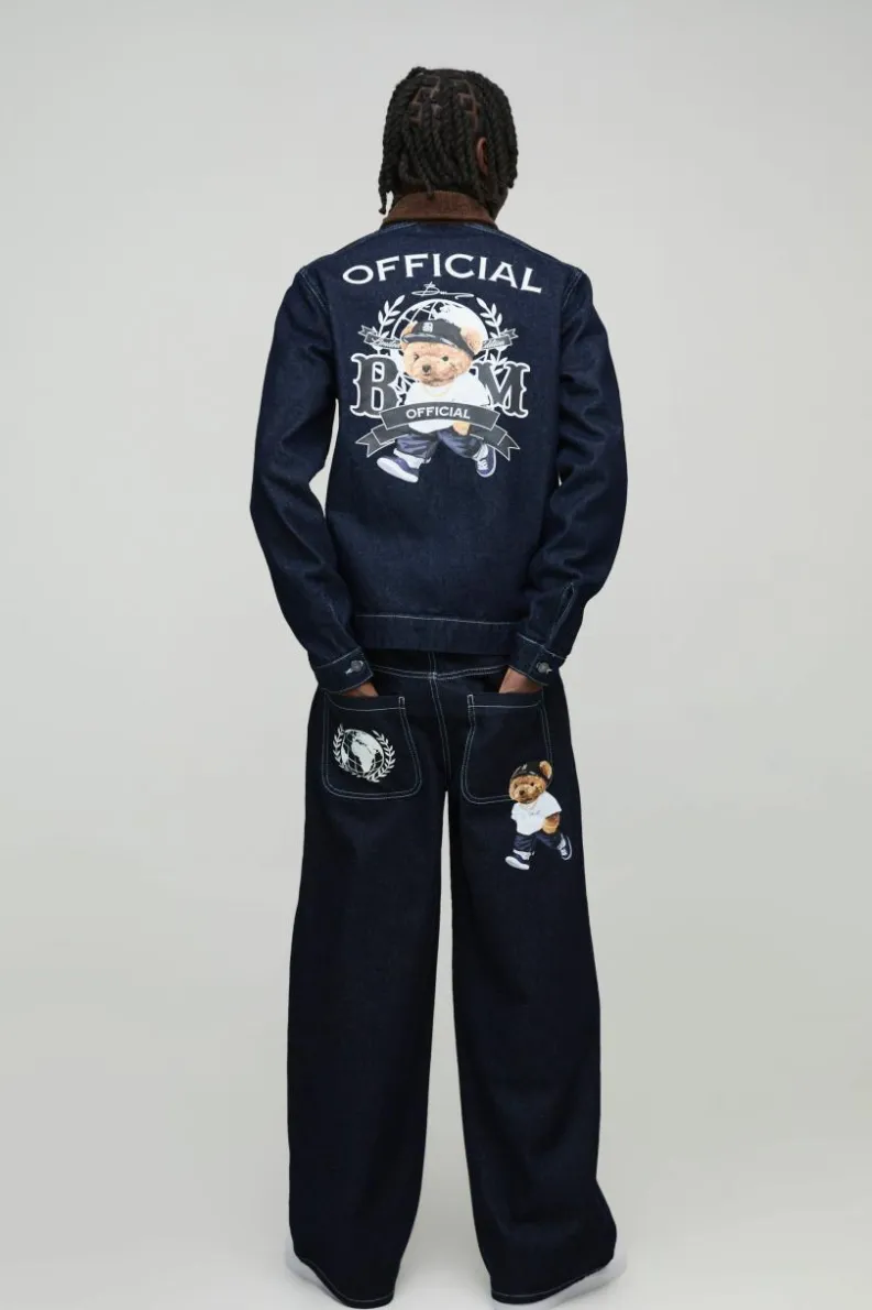 Shop boohooMAN Relaxed Denim Printed Harrington Jacket With Cord Collar indigo