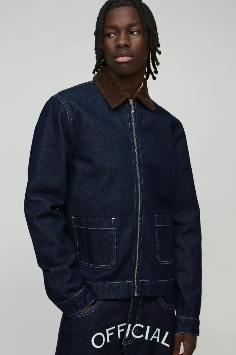 Shop boohooMAN Relaxed Denim Printed Harrington Jacket With Cord Collar indigo
