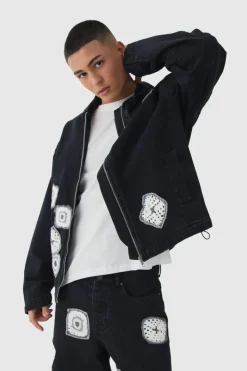 Best Sale boohooMAN Relaxed Denim Zip Through Crochet Hoodie washed black