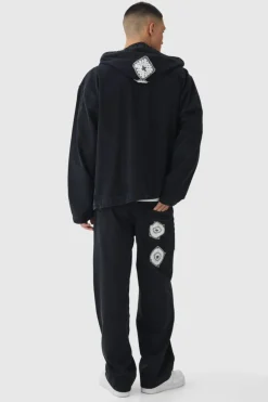 Best Sale boohooMAN Relaxed Denim Zip Through Crochet Hoodie washed black