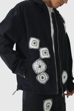 Best Sale boohooMAN Relaxed Denim Zip Through Crochet Hoodie washed black