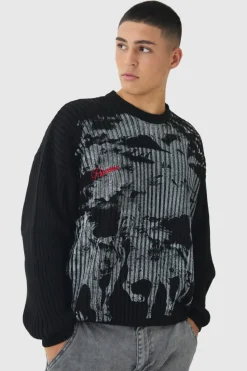 Clearance boohooMAN Relaxed Dropped Shoulder Graphic Print Knitted Jumper black