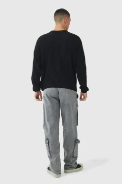 Clearance boohooMAN Relaxed Dropped Shoulder Graphic Print Knitted Jumper black