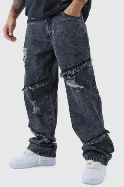 Outlet boohooMAN Relaxed Fit Acid Wash Ripped Frayed Jeans black