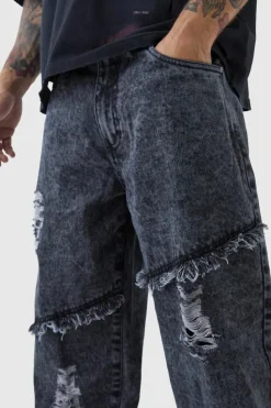 Outlet boohooMAN Relaxed Fit Acid Wash Ripped Frayed Jeans black