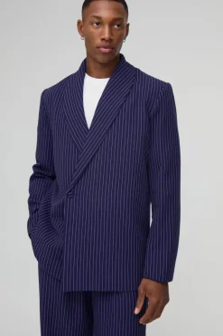 Fashion boohoo Relaxed Fit Asymmetrical Pinstripe Suit navy