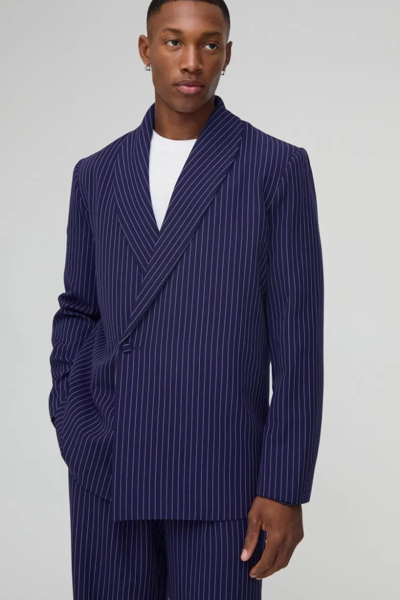 Fashion boohoo Relaxed Fit Asymmetrical Pinstripe Suit navy