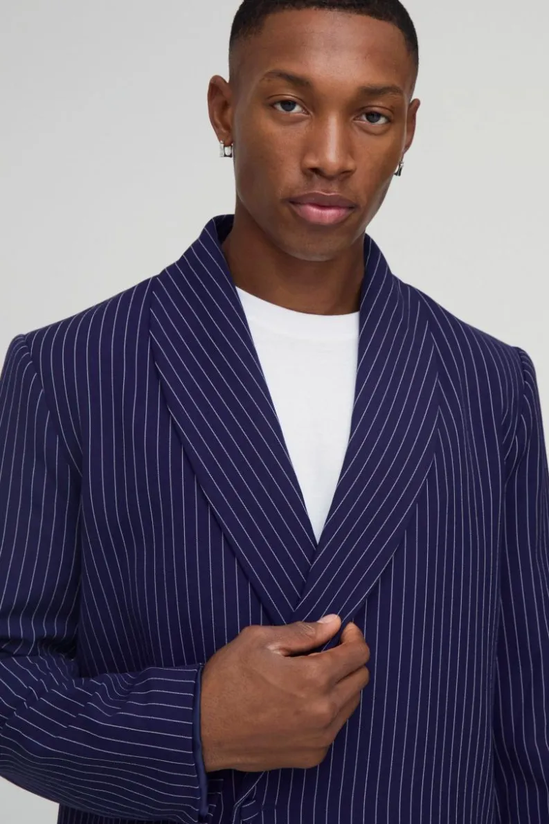 Fashion boohoo Relaxed Fit Asymmetrical Pinstripe Suit navy