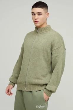 Fashion boohooMAN Relaxed Fit Boucle Zip Up Knitted Jumper khaki