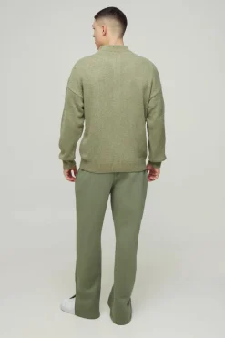 Fashion boohooMAN Relaxed Fit Boucle Zip Up Knitted Jumper khaki